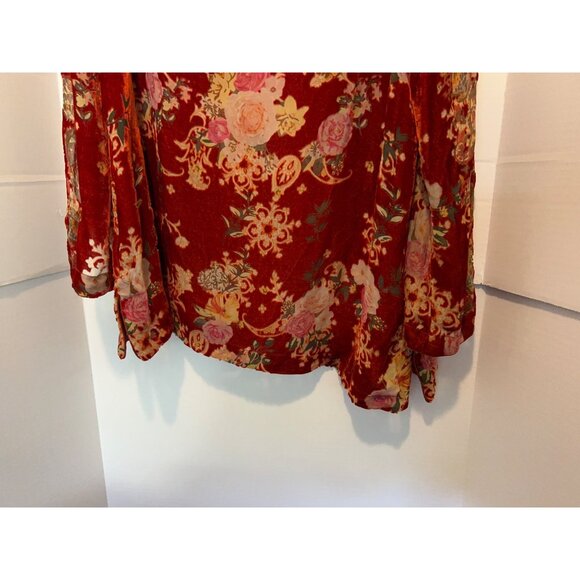 JOHNNY WAS Burnout Velvet SILK BLEND  Floral Boho Tunic Top Red Pink Roses L Lon - Picture 9 of 14